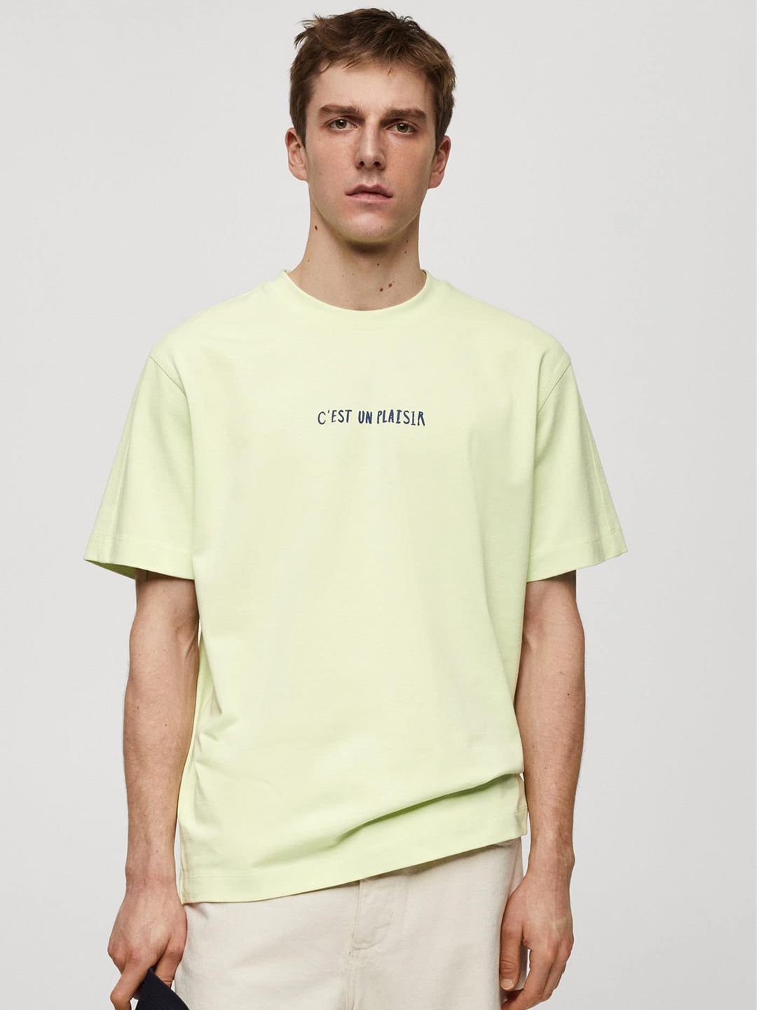 

MANGO MAN Pure Cotton Printed Drop-Shoulder Sleeves T-shirt, Lime green