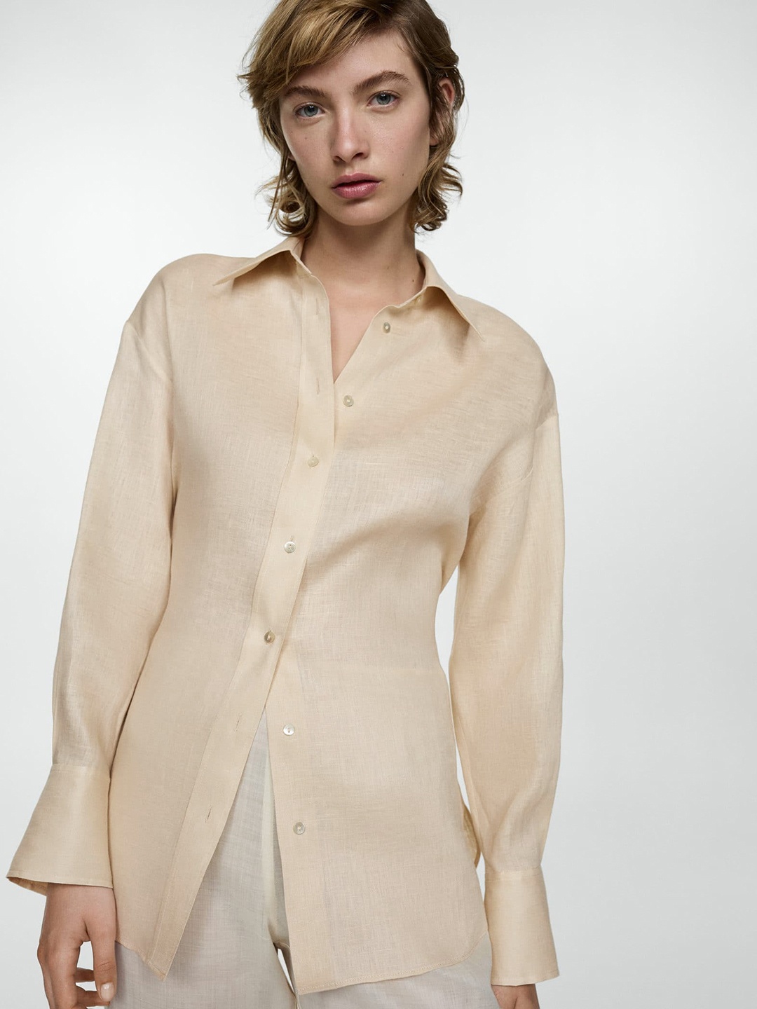 

MANGO Women Pure Linen Casual Shirt, Beige