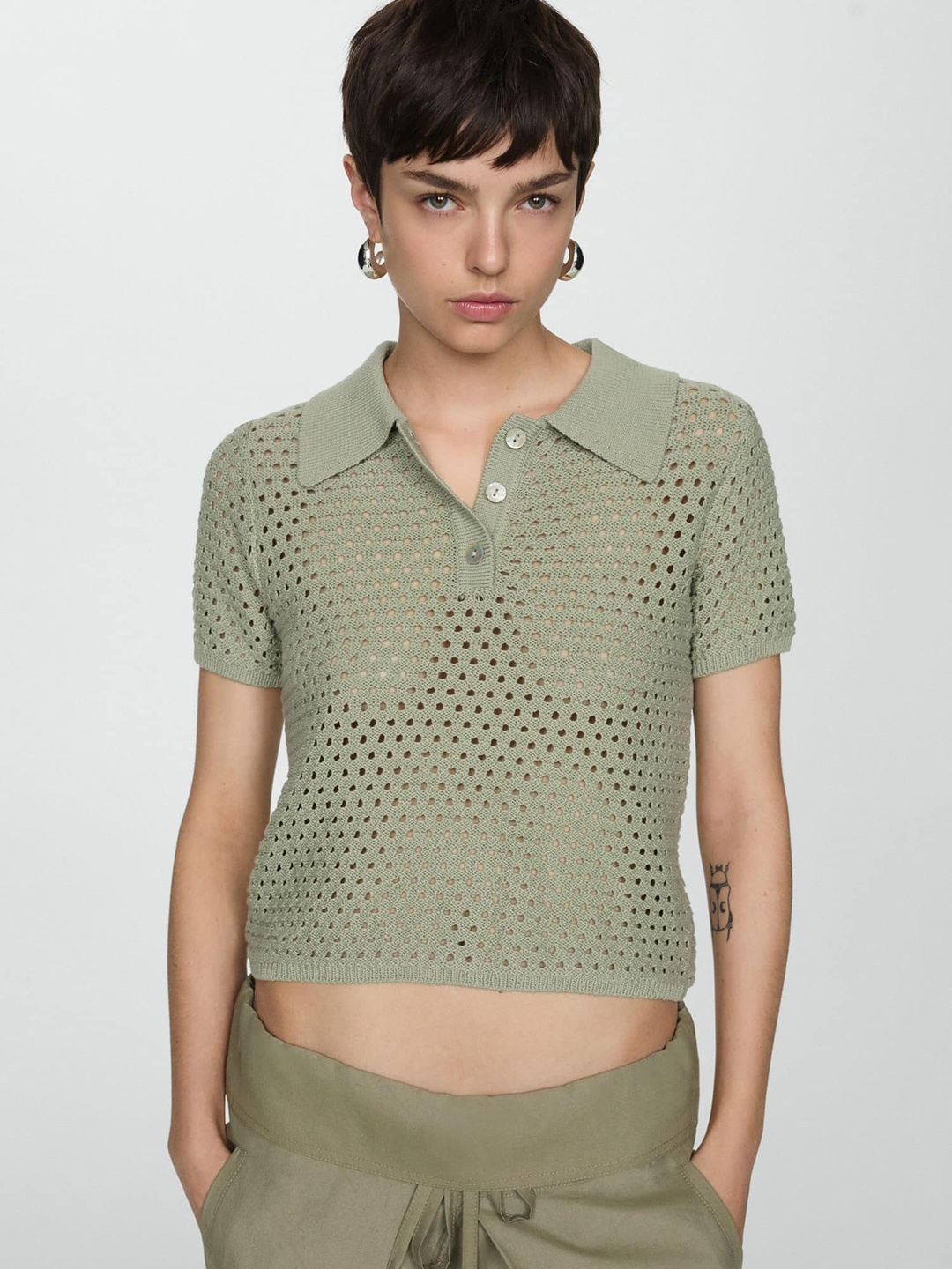 

MANGO Open Knit Sheer Polo Collar T-shirt, Green