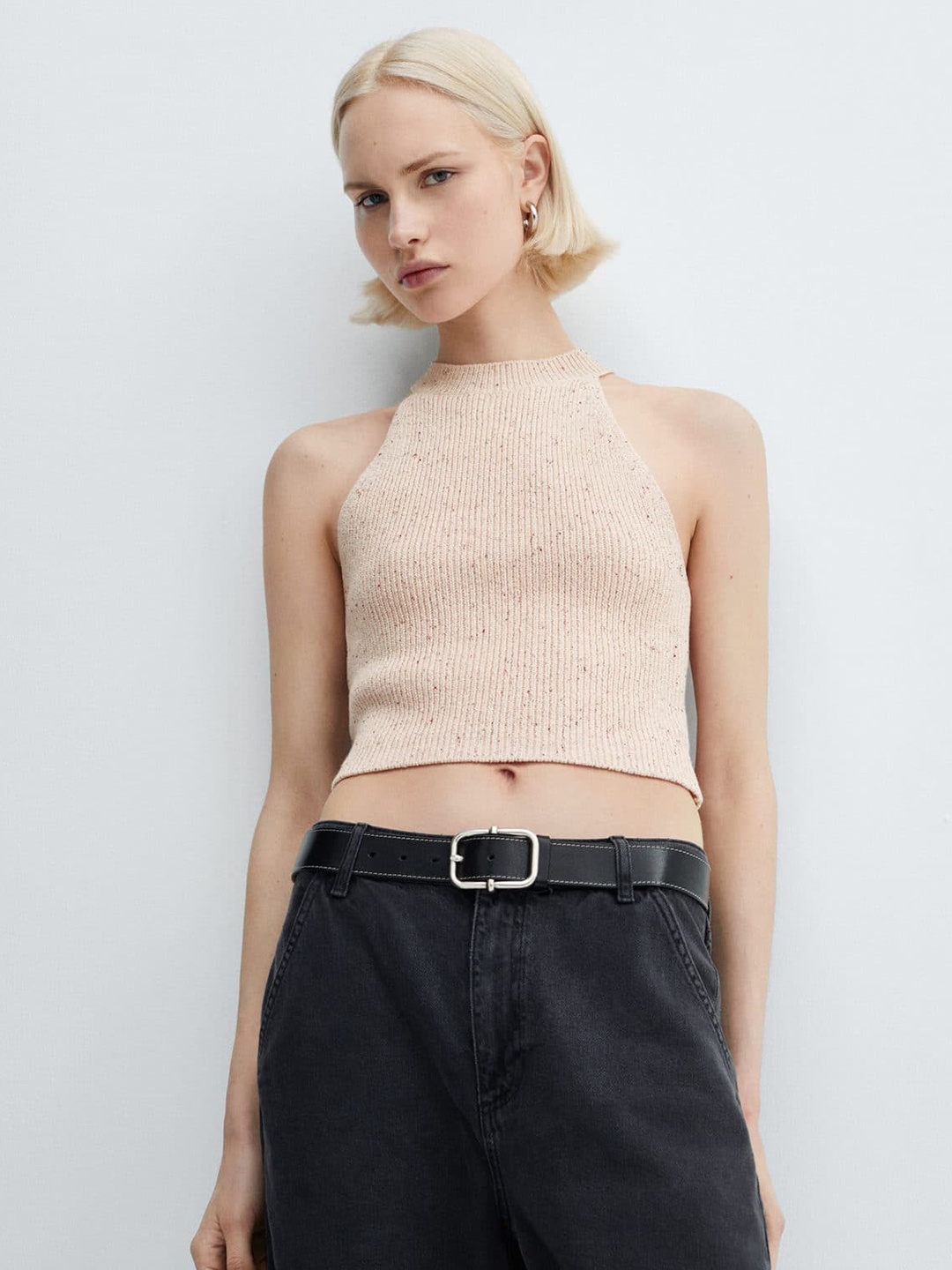 

MANGO Pure Cotton Knitted Crop Top, Pink