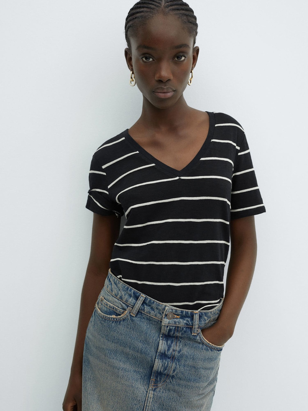

MANGO Striped V-Neck T-shirt, Black