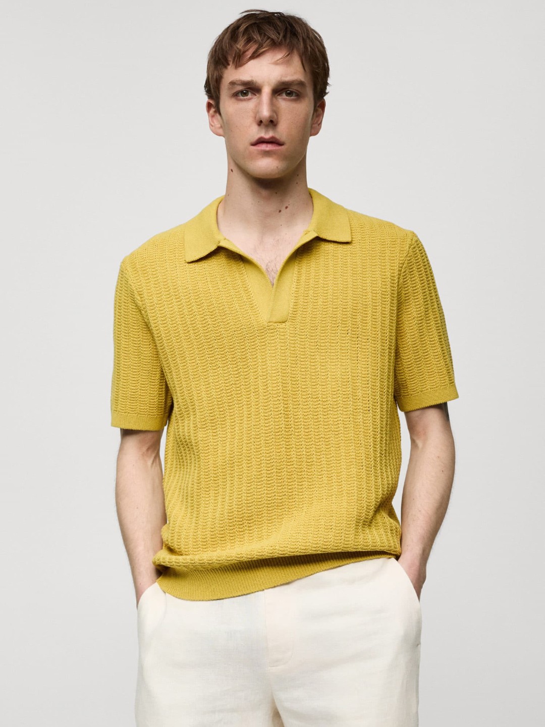 

MANGO MAN Polo Collar Ribbed T-shirt, Mustard