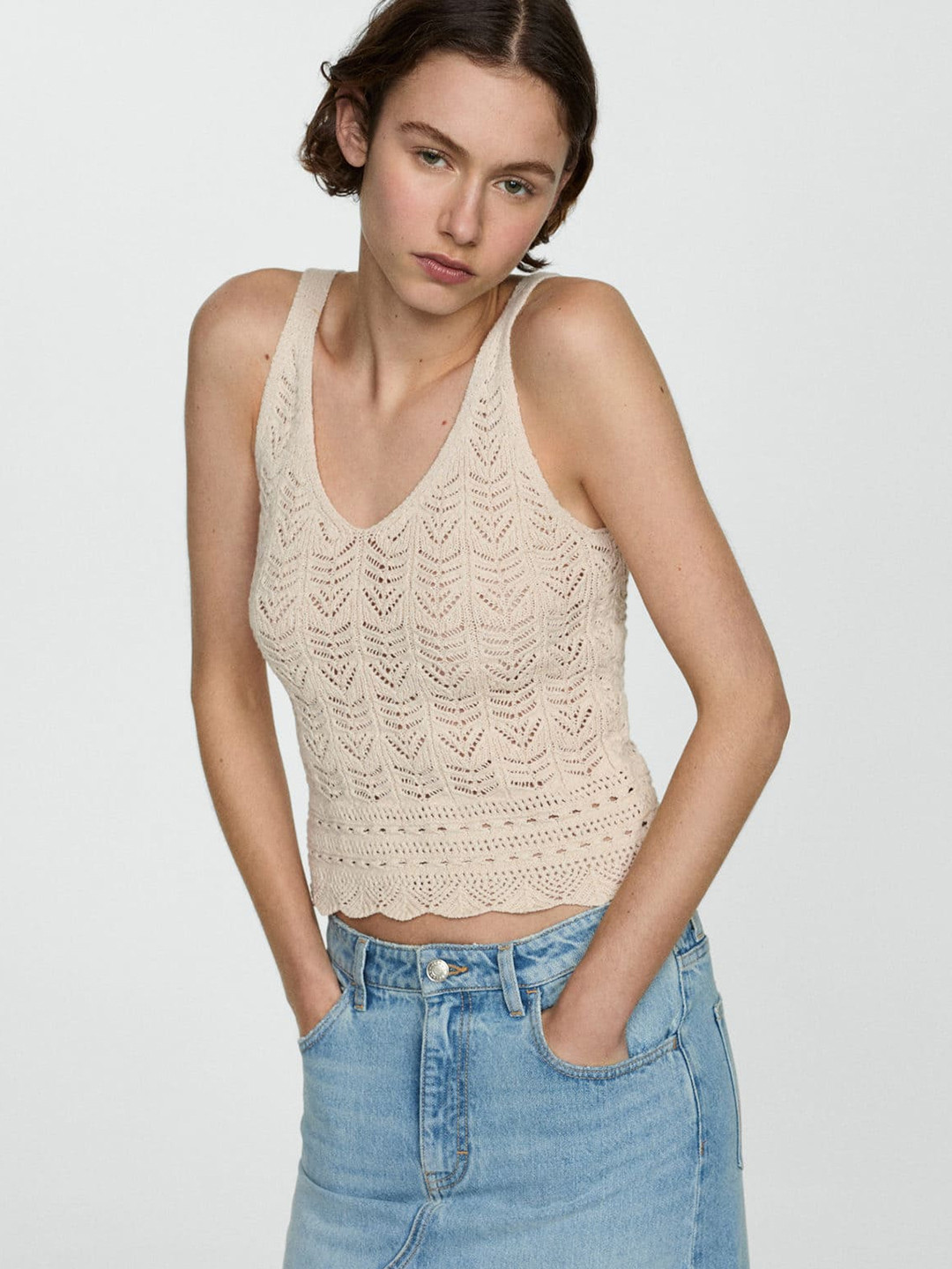 

MANGO Crochet Top, Beige