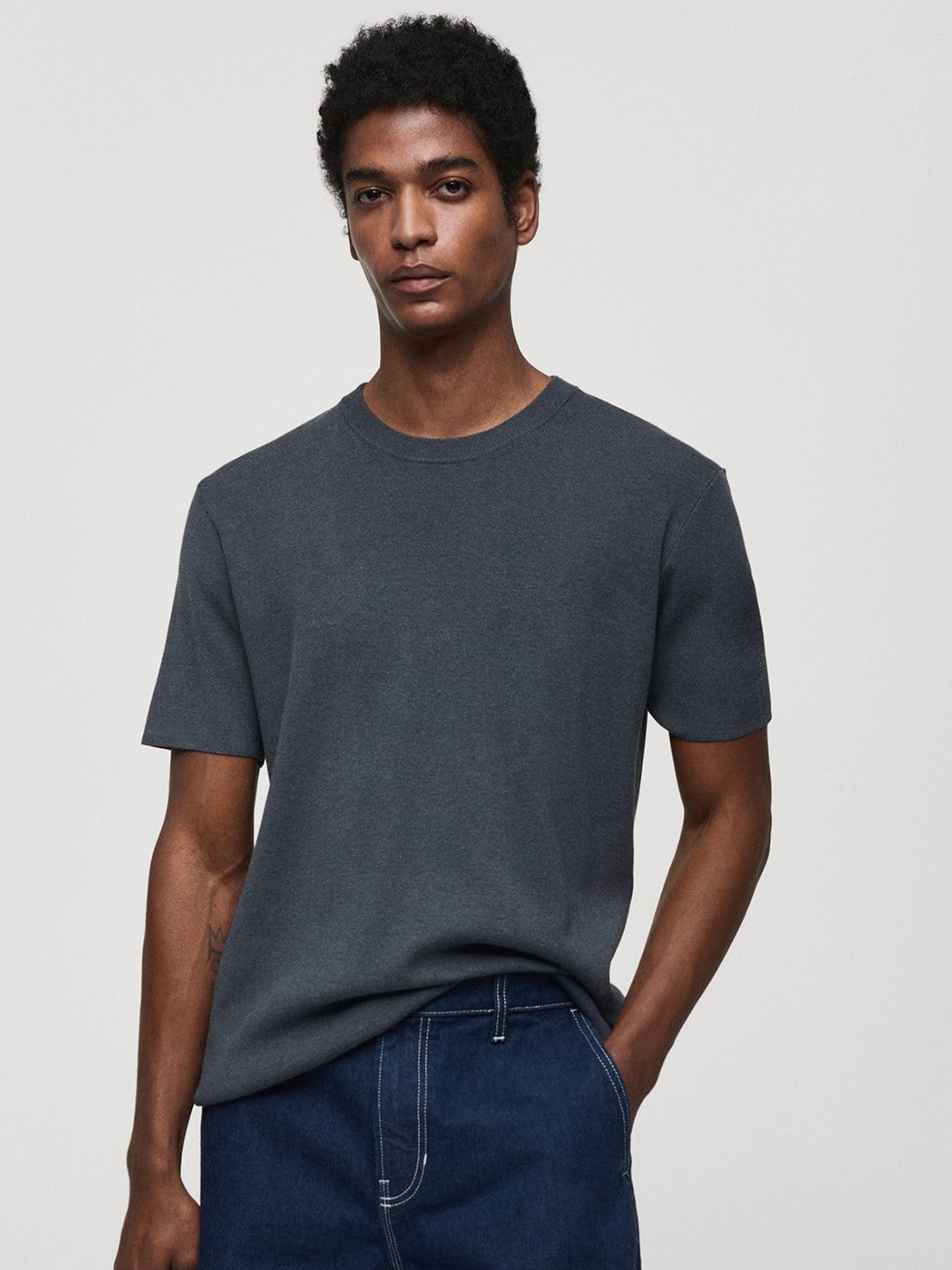 

MANGO MAN Knitted T-shirt, Navy blue