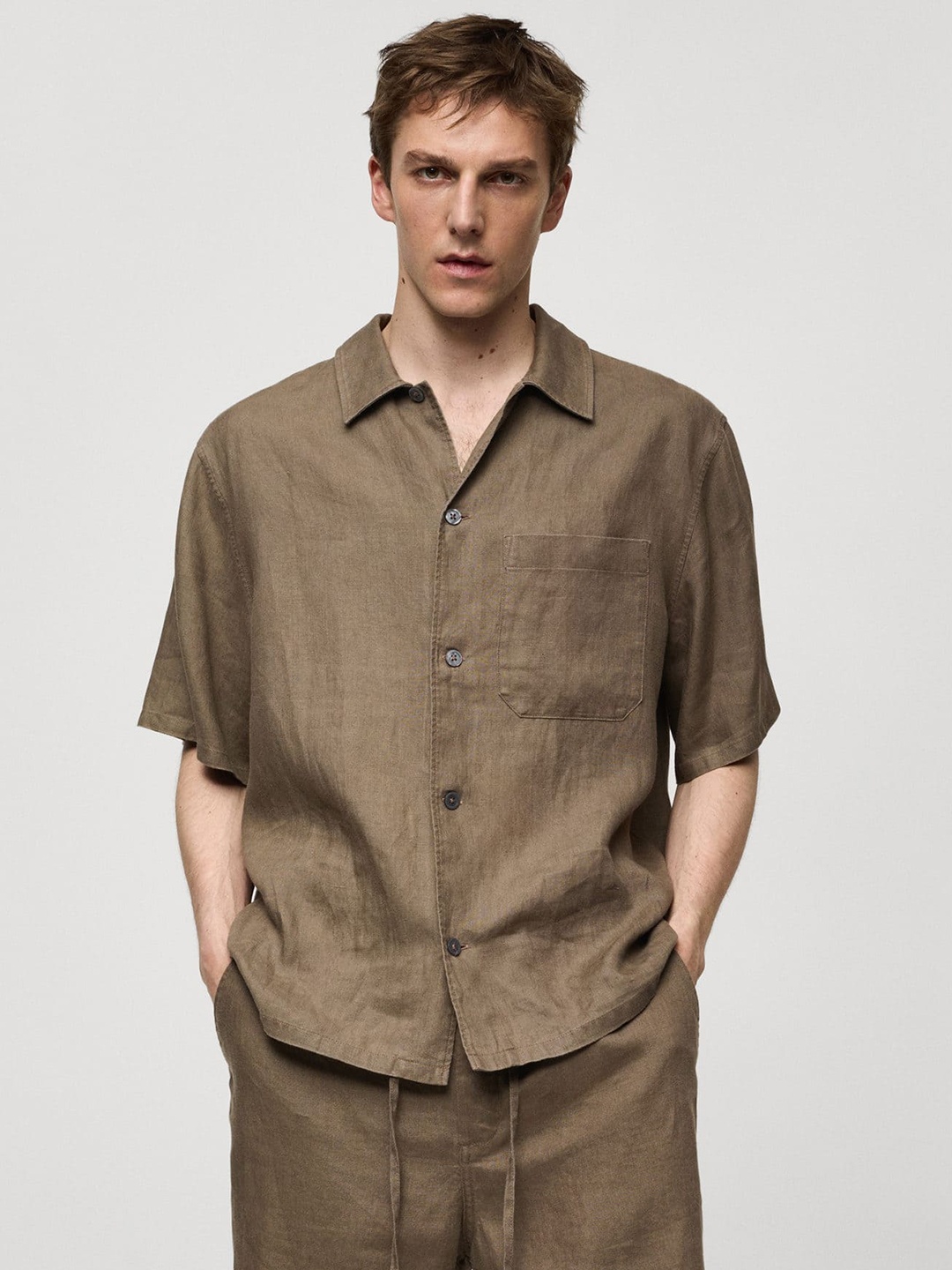 

MANGO MAN Pure Linen Casual Shirt, Taupe