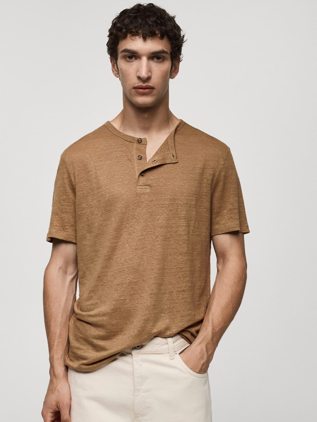 

MANGO MAN Henley Neck Linen Slim Fit T-shirt, Beige