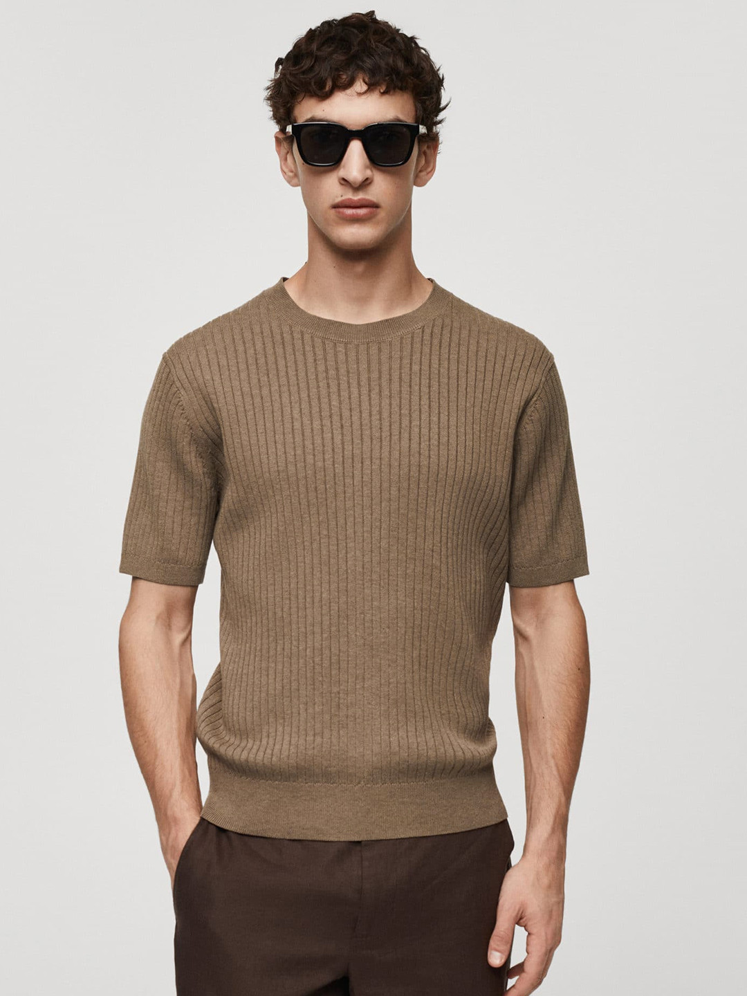 

MANGO MAN Ribbed Knitted T-shirt, Brown