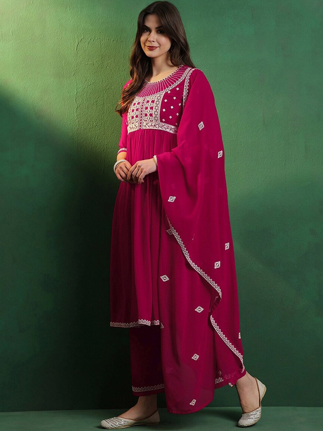 

KALINI Ethnic Motifs Embroidered Georgette A Line Kurta With Palazzos & Dupatta, Pink