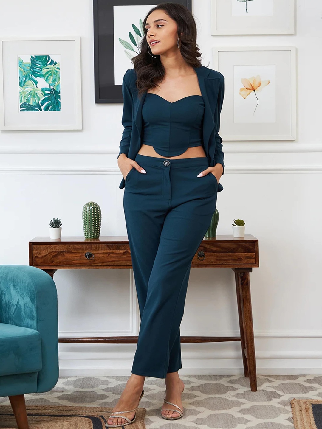 

LeeliPeeri Designer Teal-blue 3-Piece Sweetheart Neck Top With Jacket & Trousers Co-Ords