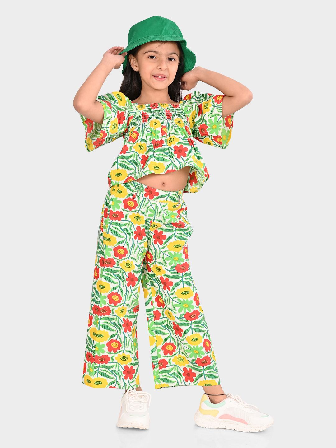 

BONKIDS Girls Printed Pure Cotton Top with Palazzos, White