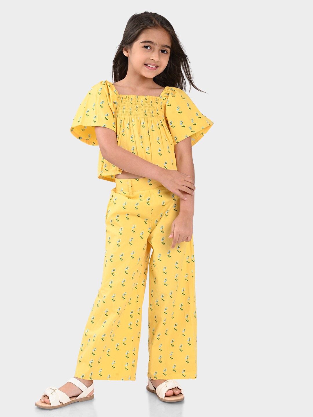 

BONKIDS Girls Printed Pure Cotton Top With Palazzo, Yellow