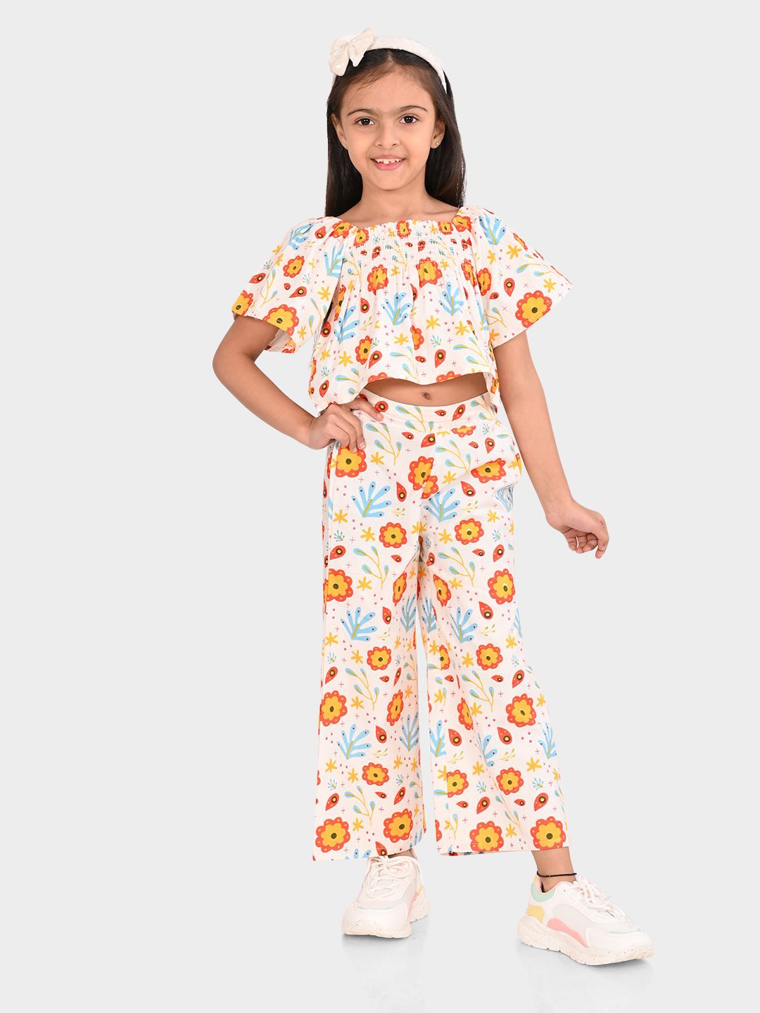 

BONKIDS Girls Printed Pure Cotton Top with Palazzos, White