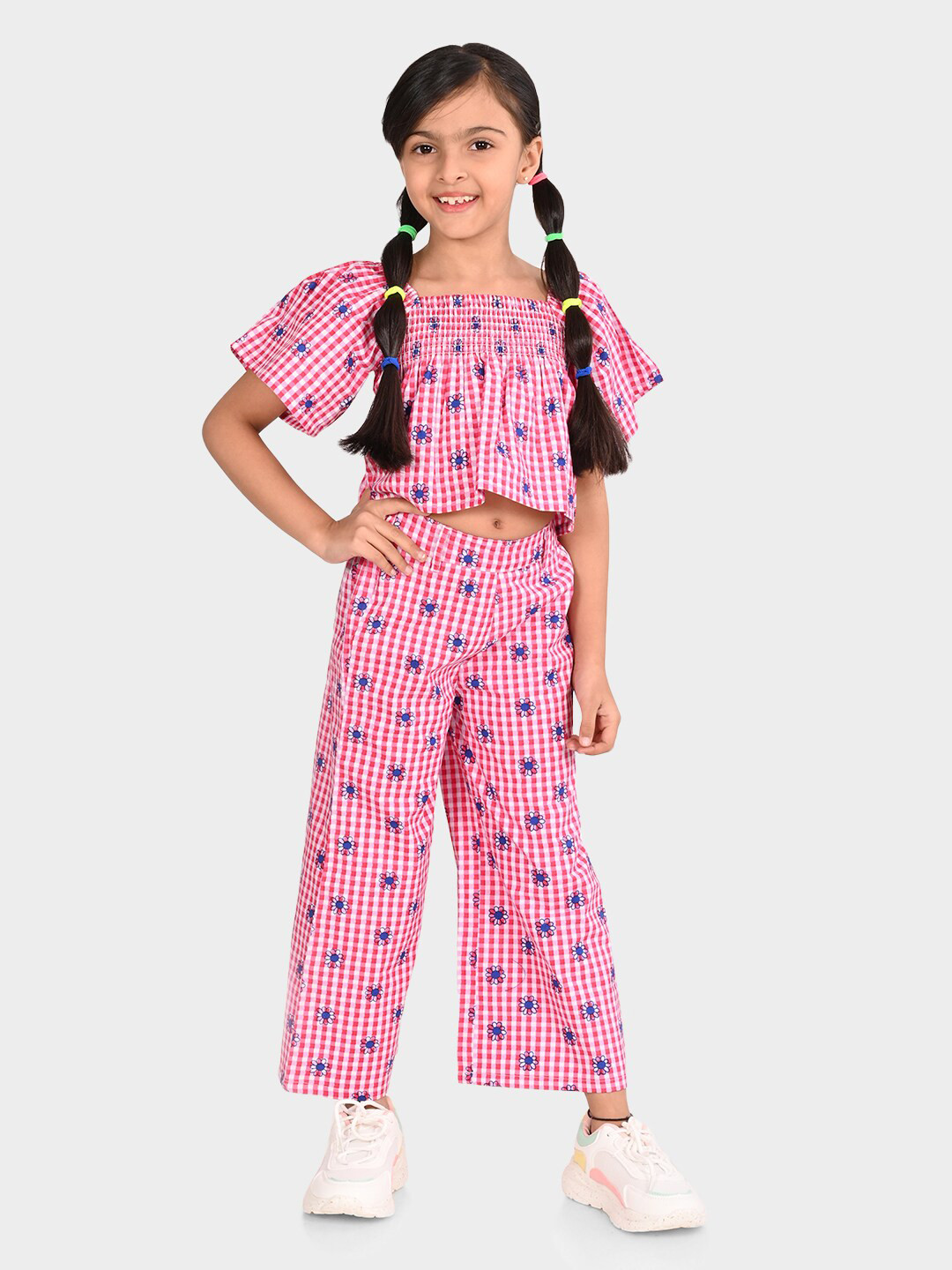 

BONKIDS Girls Printed Pure Cotton Top with Palazzos, Pink