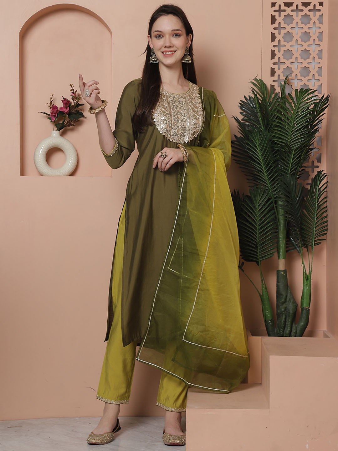 

Rajnandini Embroidered Regular Sequinned Kurta with Trousers & Dupatta, Olive