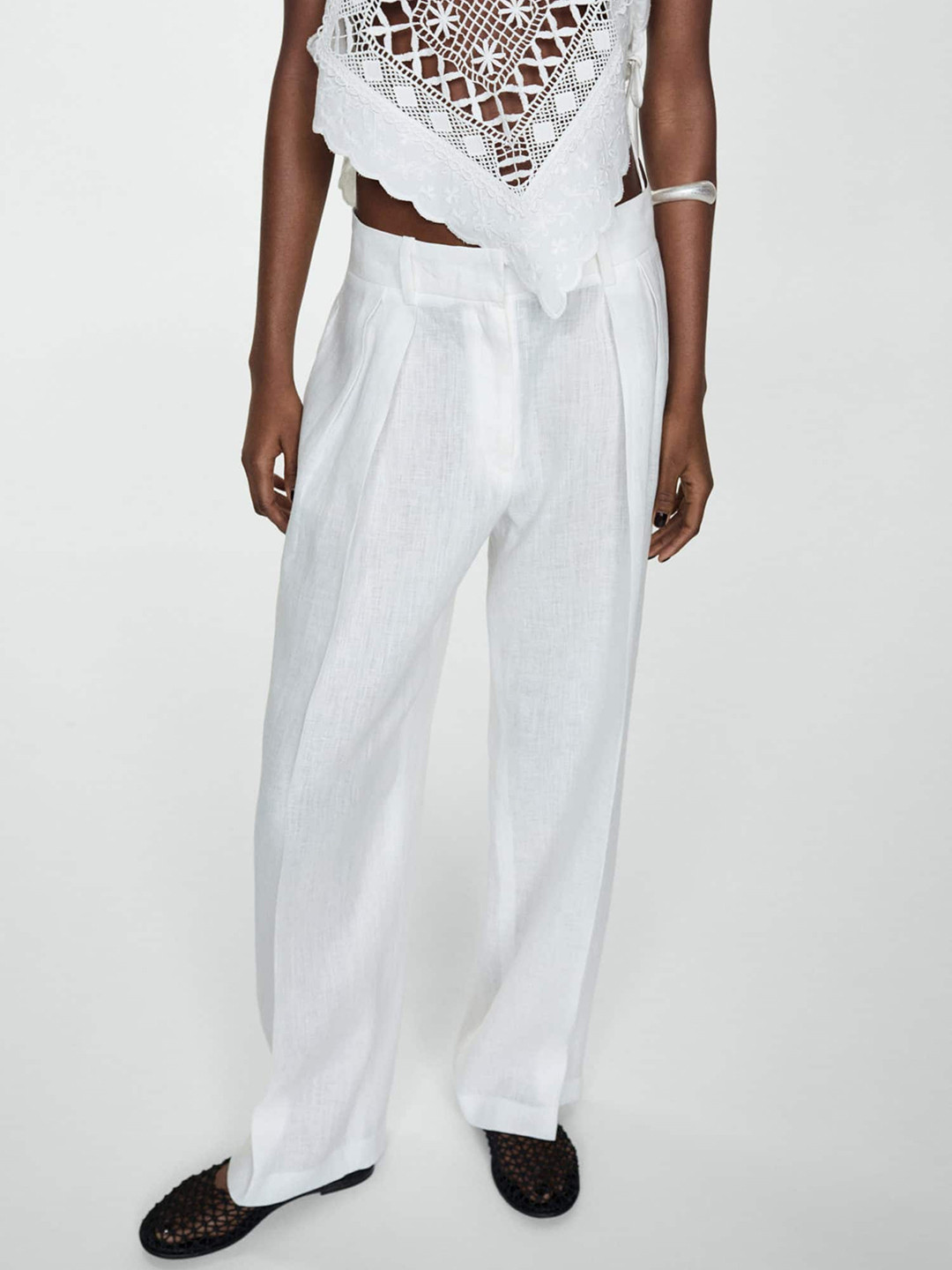 

MANGO Women Pure Linen Pleated Trousers, White