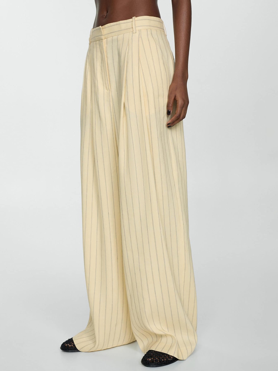 

MANGO Women Striped Straight Fit Pleated Trousers, Cream