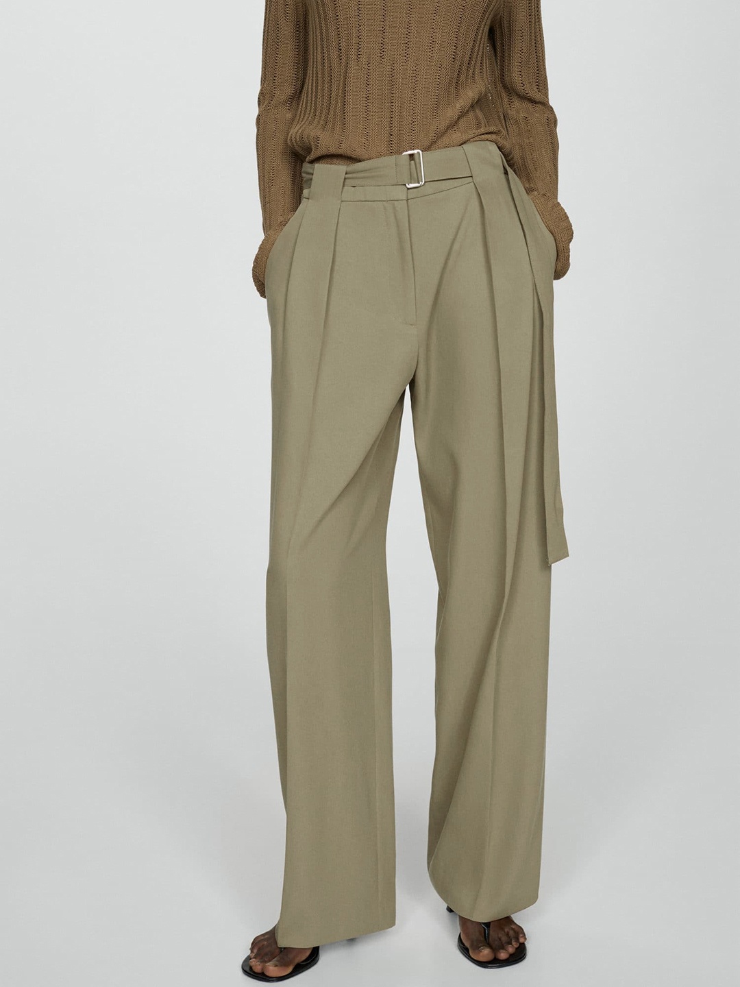 

MANGO Women Pleated Regular Trousers, Khaki