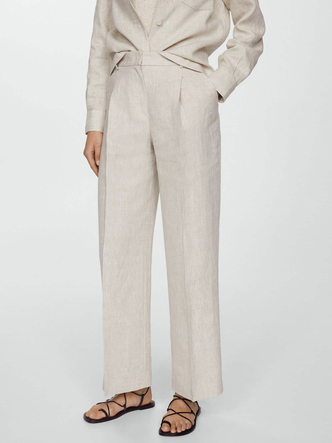 

MANGO Women Pure Linen Straight Fit Trousers, Beige