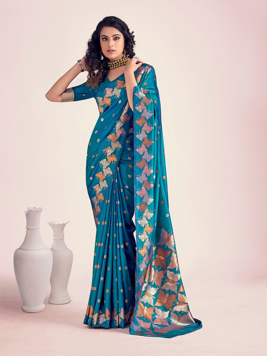 

elora Woven Design Silk Blend Banarasi Saree, Teal