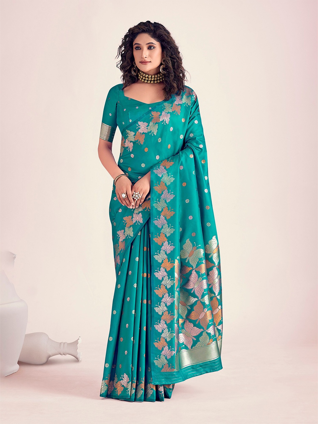 

elora Woven Design Silk Blend Banarasi Saree, Turquoise blue