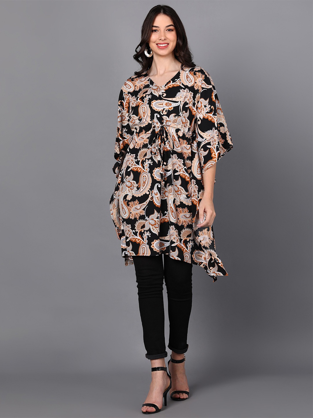 

Fashfun Paisley Printed V-Neck Flared Sleeves Straight Kurti, Black