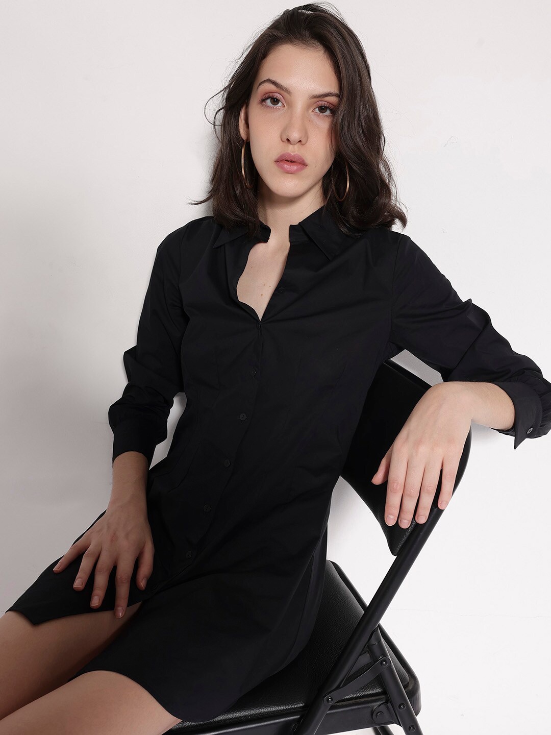 

RAREISM Shirt Collar Long Sleeves Formal Shirt Mini Dress, Black