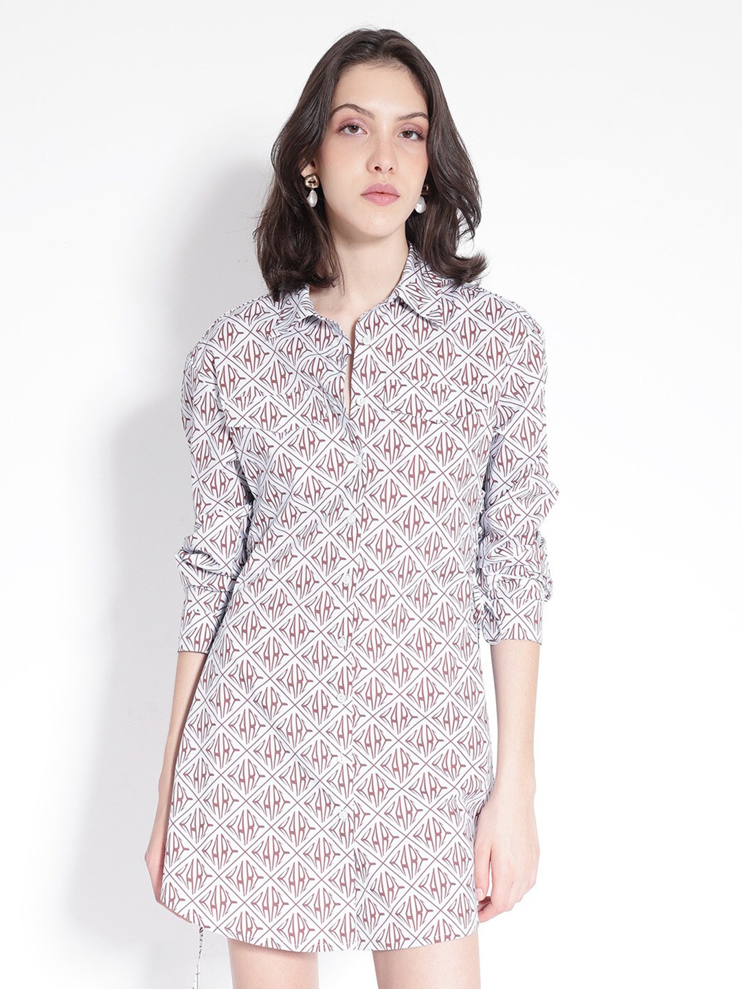 

RAREISM Floral Printed Cotton Shirt Mini Dress, Blue