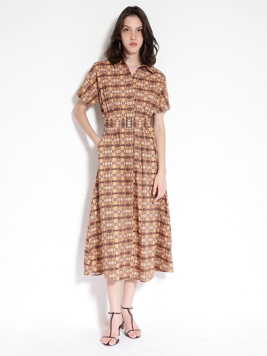 

RAREISM Printed Shirt Collar Cotton A-Line Midi Dress, Brown