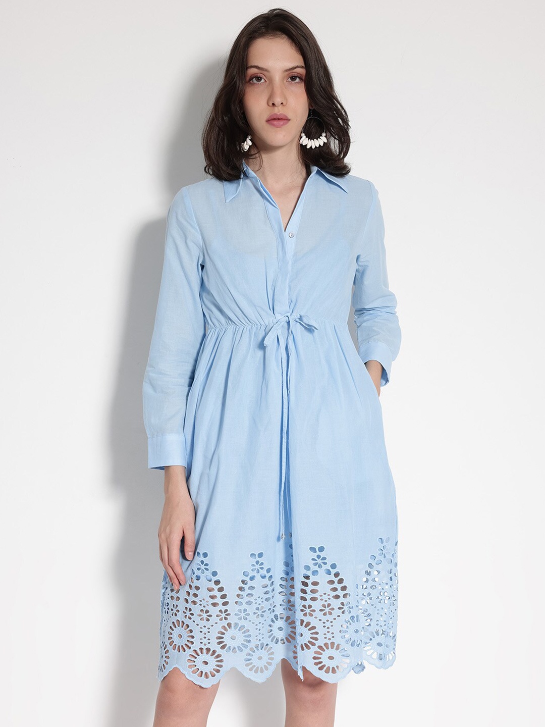 

RAREISM Shirt Collar Cuffed Sleeves Cotton Fit & Flare Dress, Blue