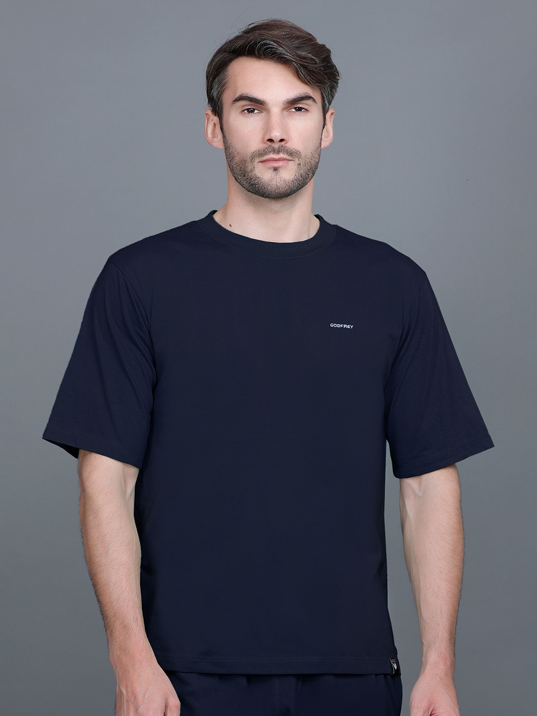 

GODFREY Round Neck Cotton Oversized T-shirt, Navy blue