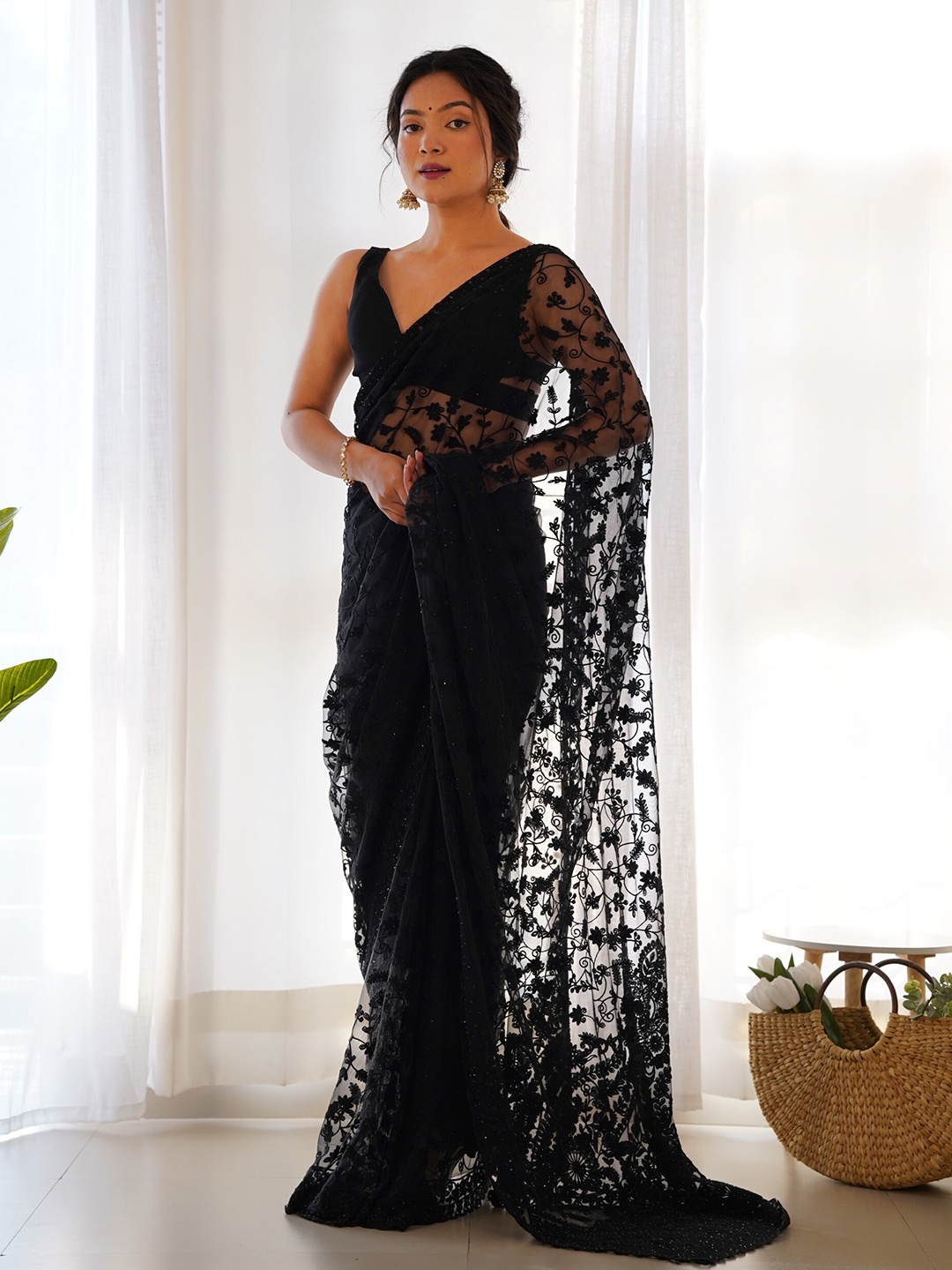 

Chandbaali Women's Floral Beads and Stones Net Saree With Blouse Piece, Black