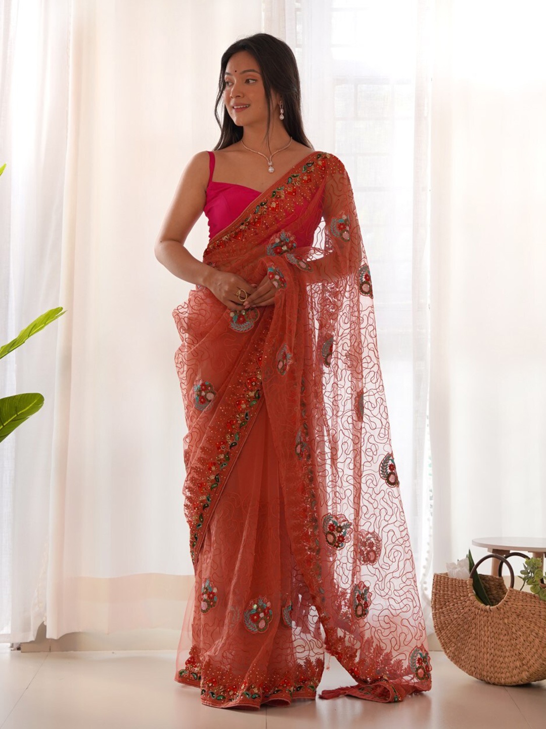 

Chandbaali Floral Beads and Stones Net Saree, Orange