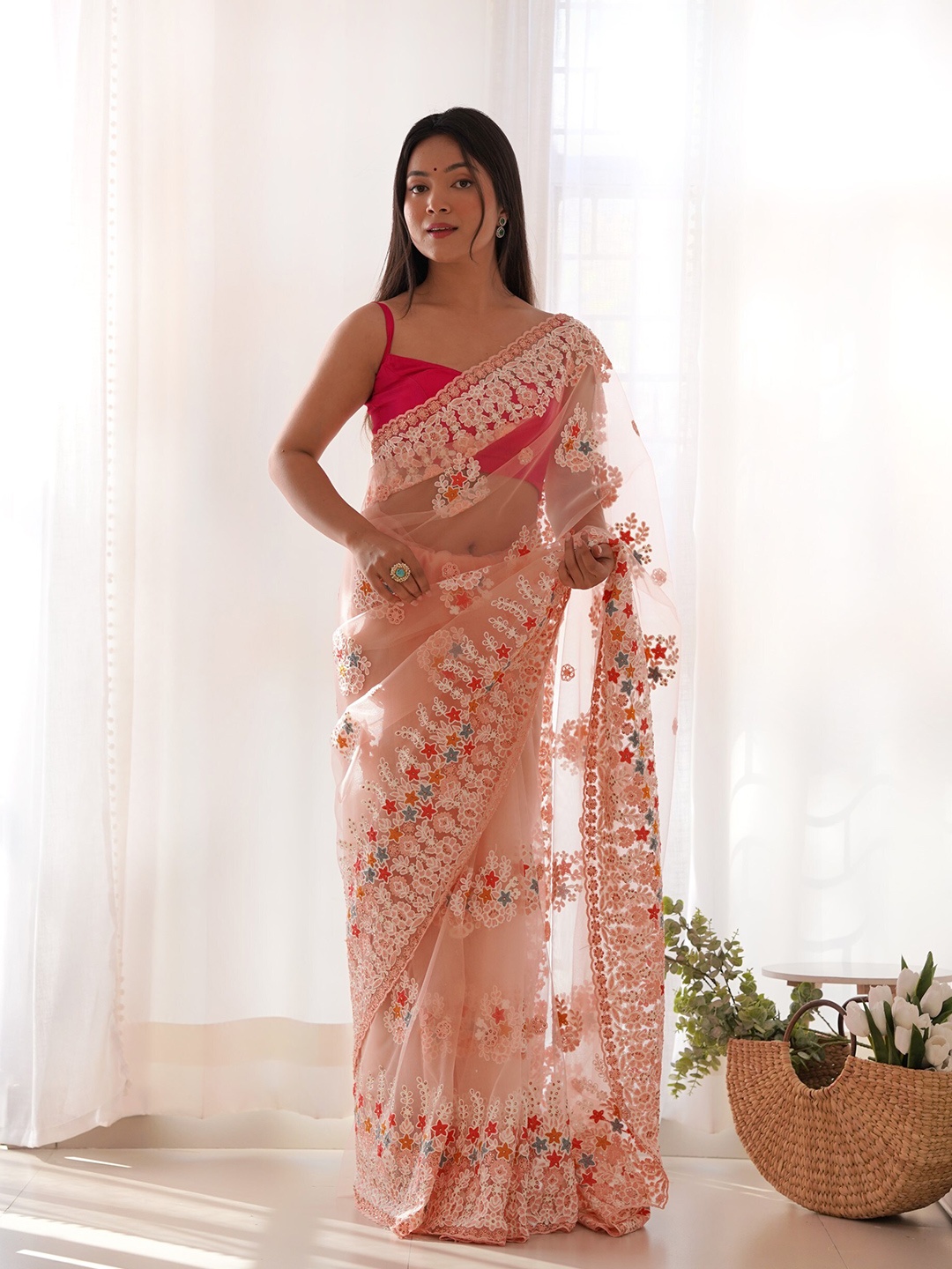 

Chandbaali Floral Beads and Stones Net Saree, Peach