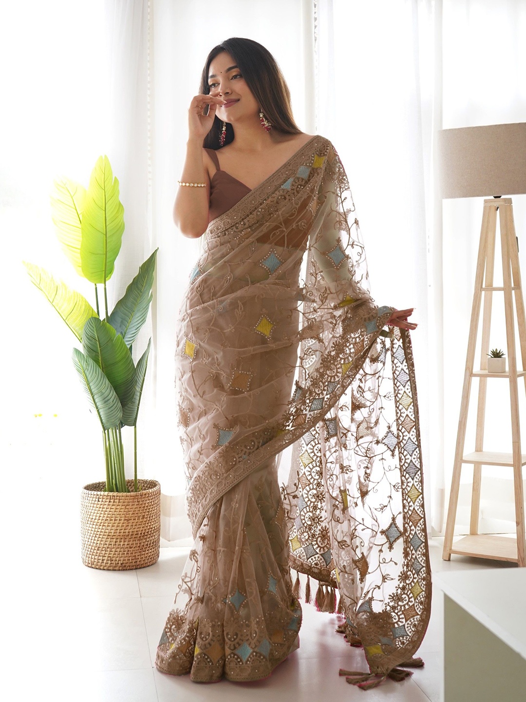 

Chandbaali Floral Beads and Stones Net Saree With Blouse Piece, Beige