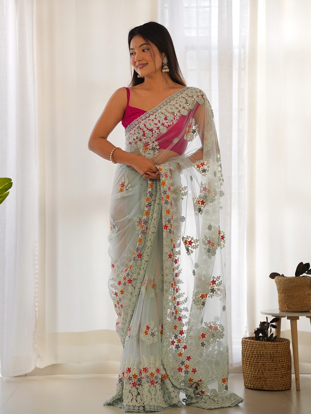 

Chandbaali Floral Beads and Stones Net Saree, Blue