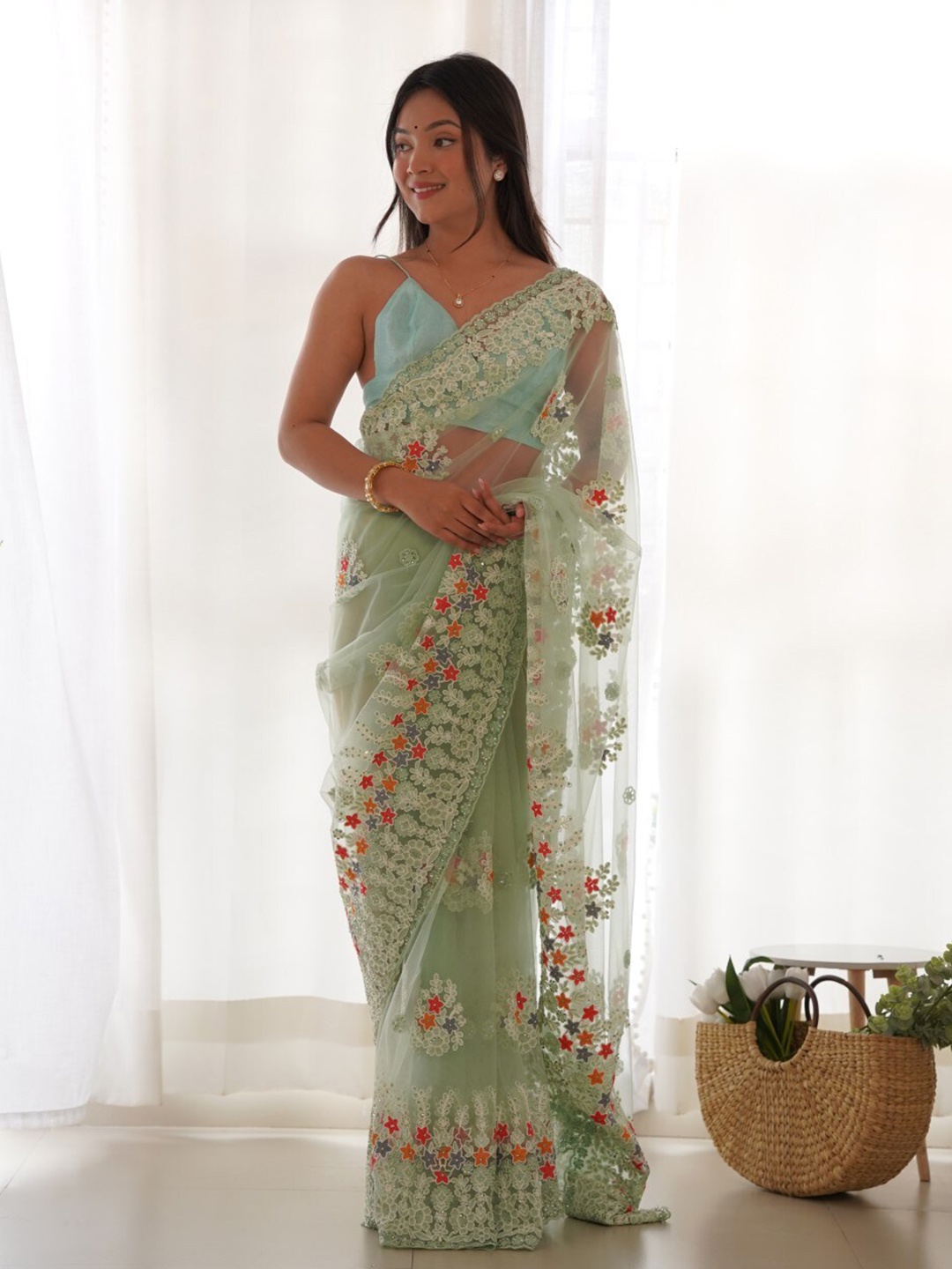 

Chandbaali Floral Beads and Stones Net Saree, Green