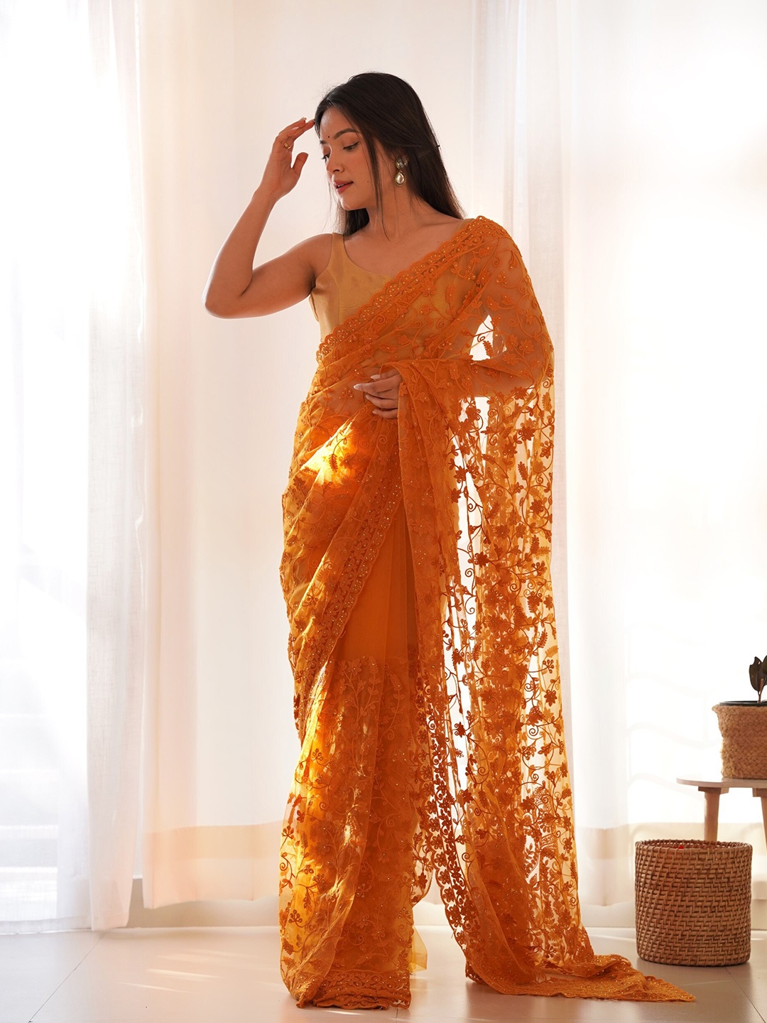 

Chandbaali Floral Beads and Stones Net Saree, Yellow
