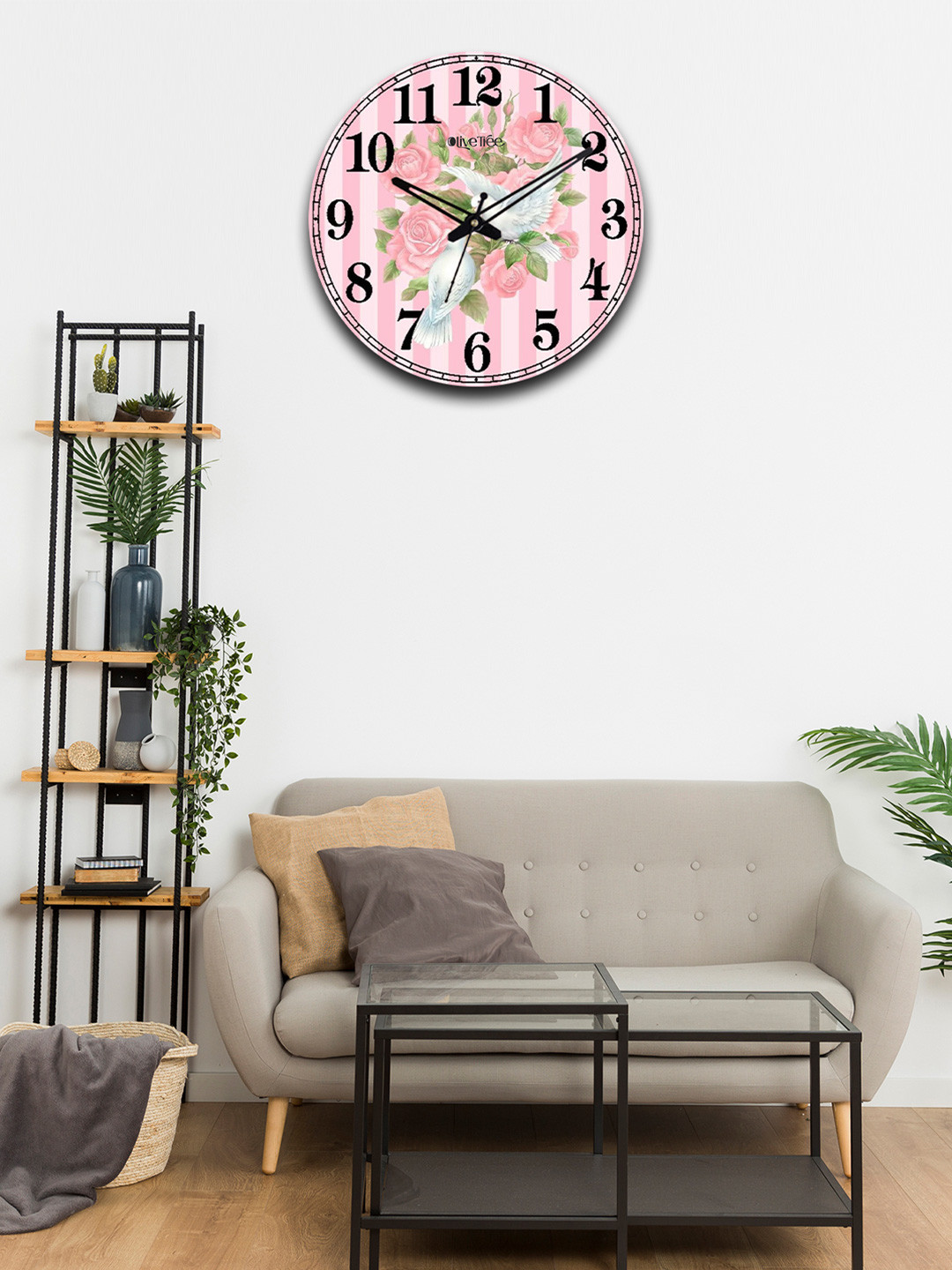 

OLIVE TREE Pink & Green Printed Wooden Round Shaped Contemporary Wall Clock