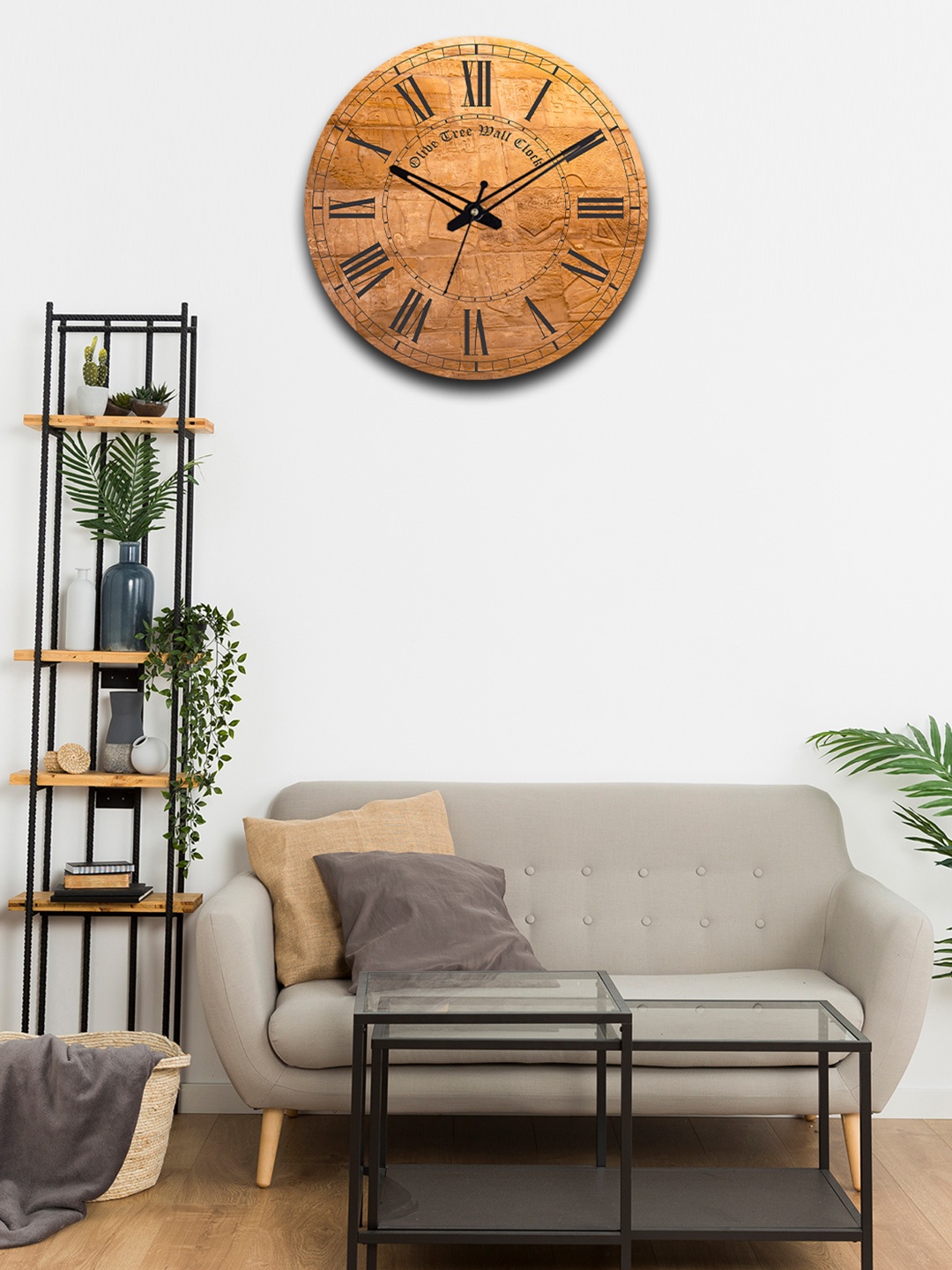 

OLIVE TREE Tan & Black Printed Wooden Round Shaped Contemporary Wall Clock