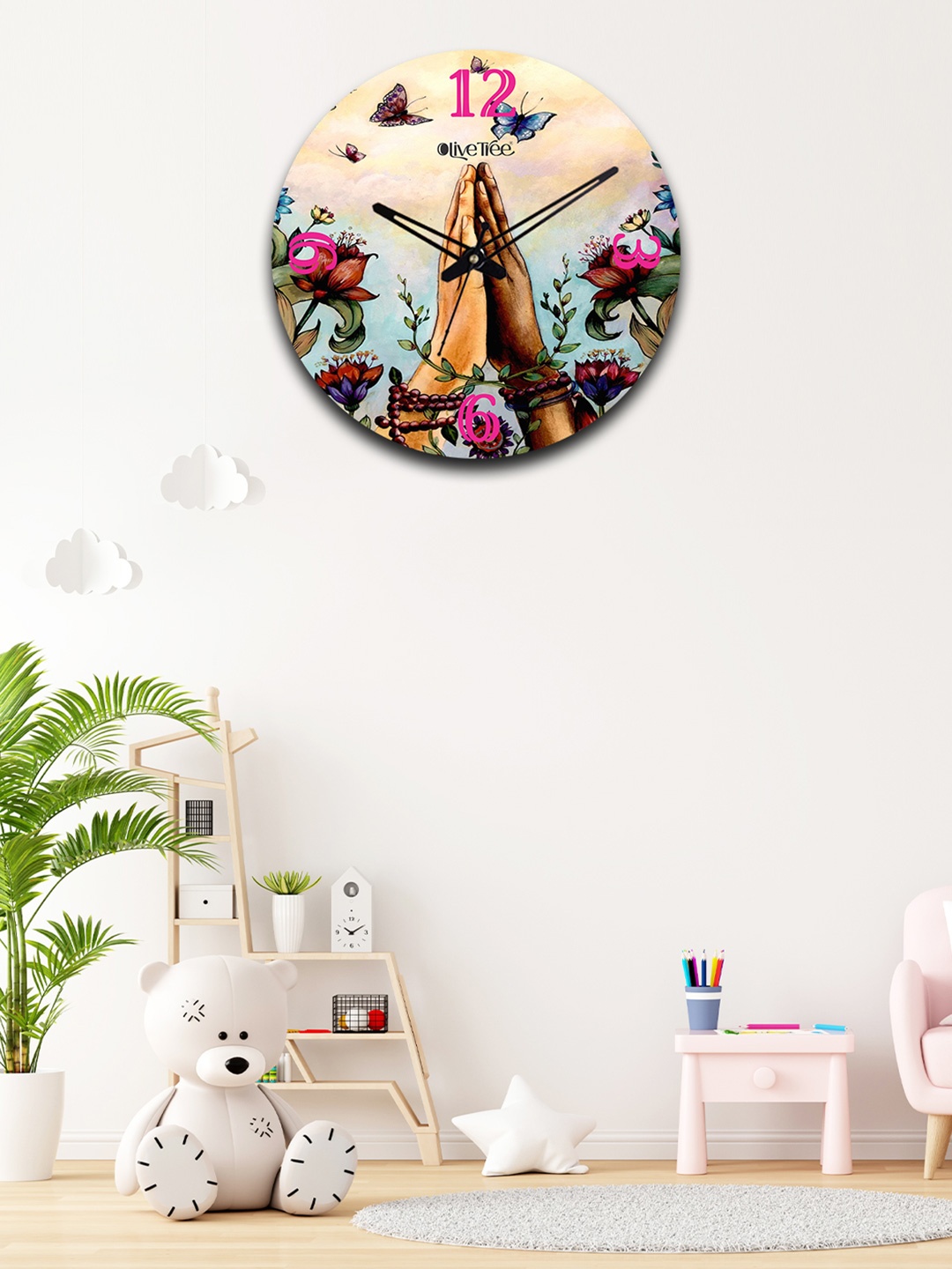 

OLIVE TREE Brown & Green Printed Wooden Round Shaped Contemporary Wall Clock