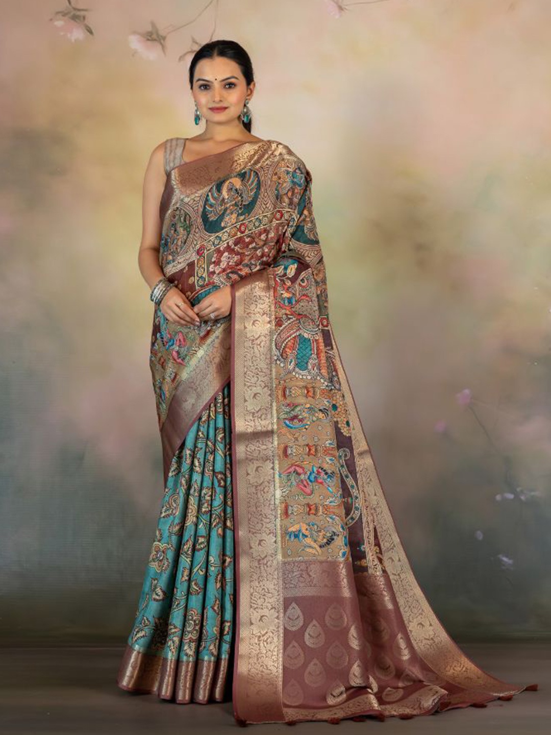 

Yuvani Kalamkari Zari Silk Blend Tussar Saree, Blue