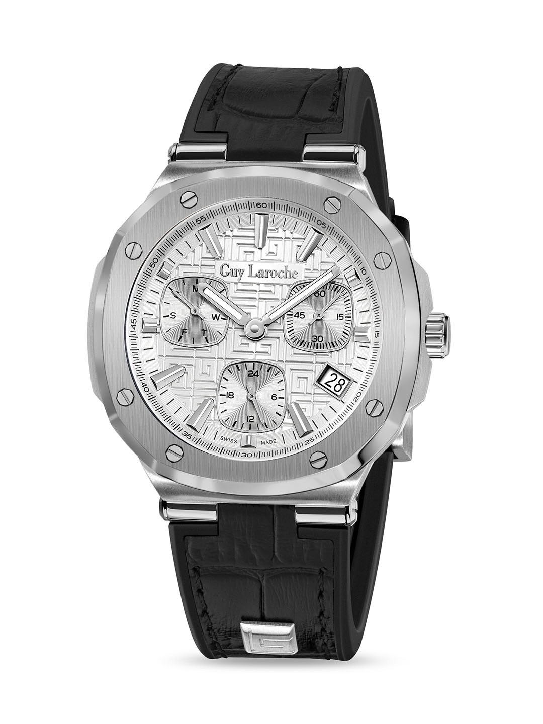 

Guy Laroche Men Embellished Dial & Leather Straps Analogue Swiss Made Watch GLWGA0000308, Black
