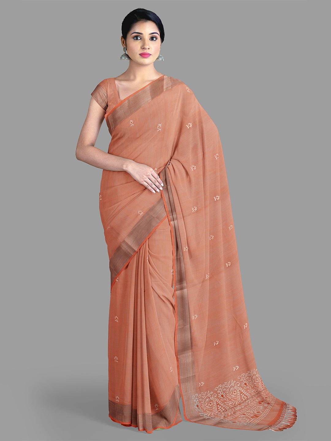 

The Chennai Silks Floral Embroidered Chanderi Saree, Orange