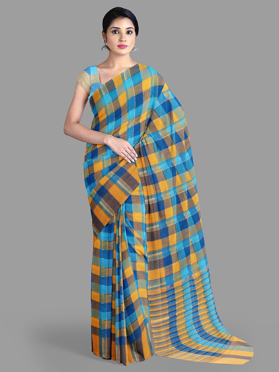 

The Chennai Silks Checked Pure Cotton Narayan Peth Saree, Blue