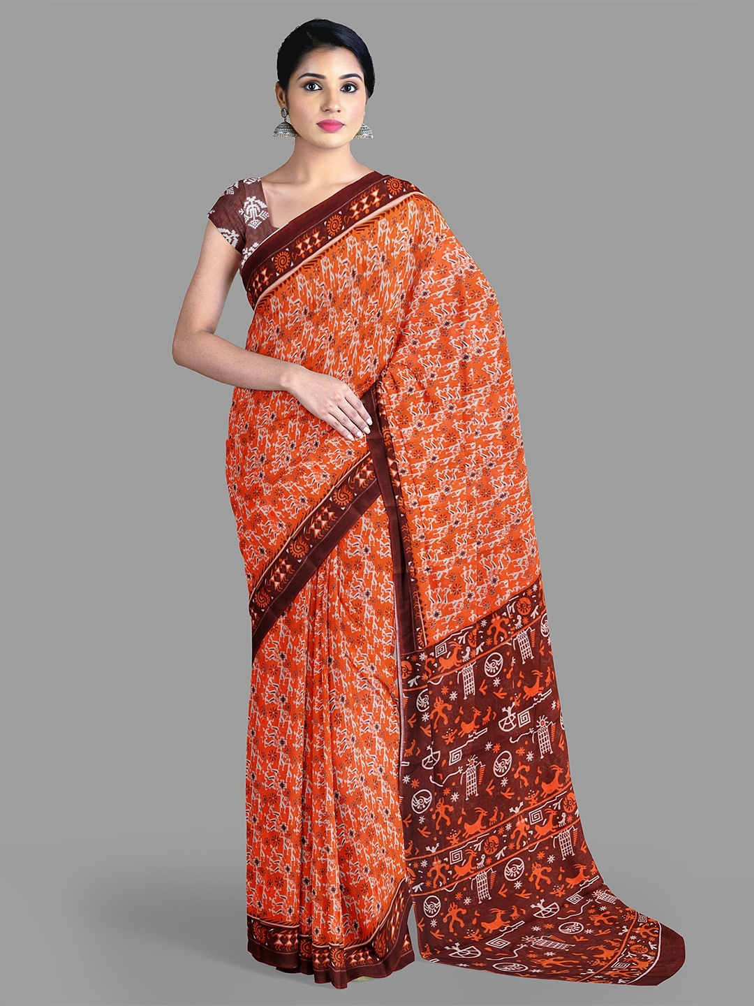 

The Chennai Silks Warli Pure Cotton Kota Saree With Blouse Piece, Orange