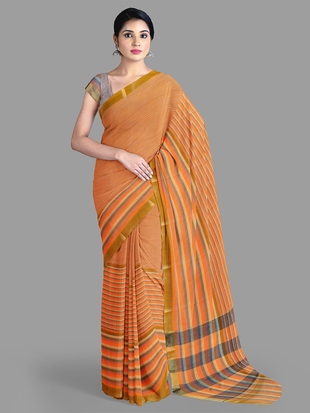 

The Chennai Silks Striped Zari Pure Cotton Narayan Peth Saree, Orange