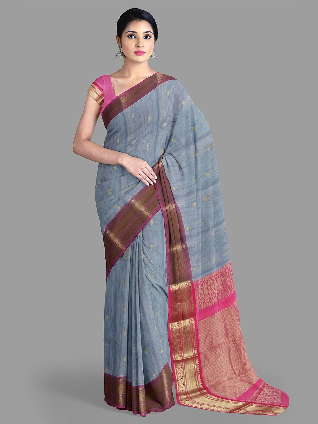 

The Chennai Silks Floral Zari Pure Cotton Narayan Peth Saree, Blue