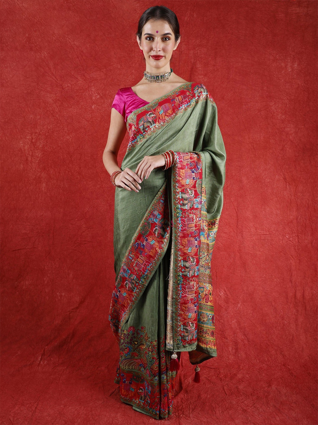 

Exotic India Ethnic Motifs Zari Pure Crepe Handloom Saree, Green