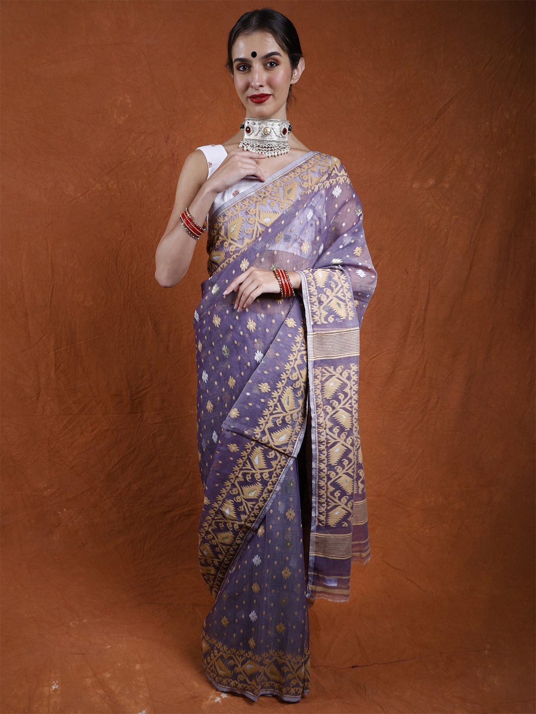 

Exotic India Woven Design Pure Cotton Handloom Jamdani Saree, Purple