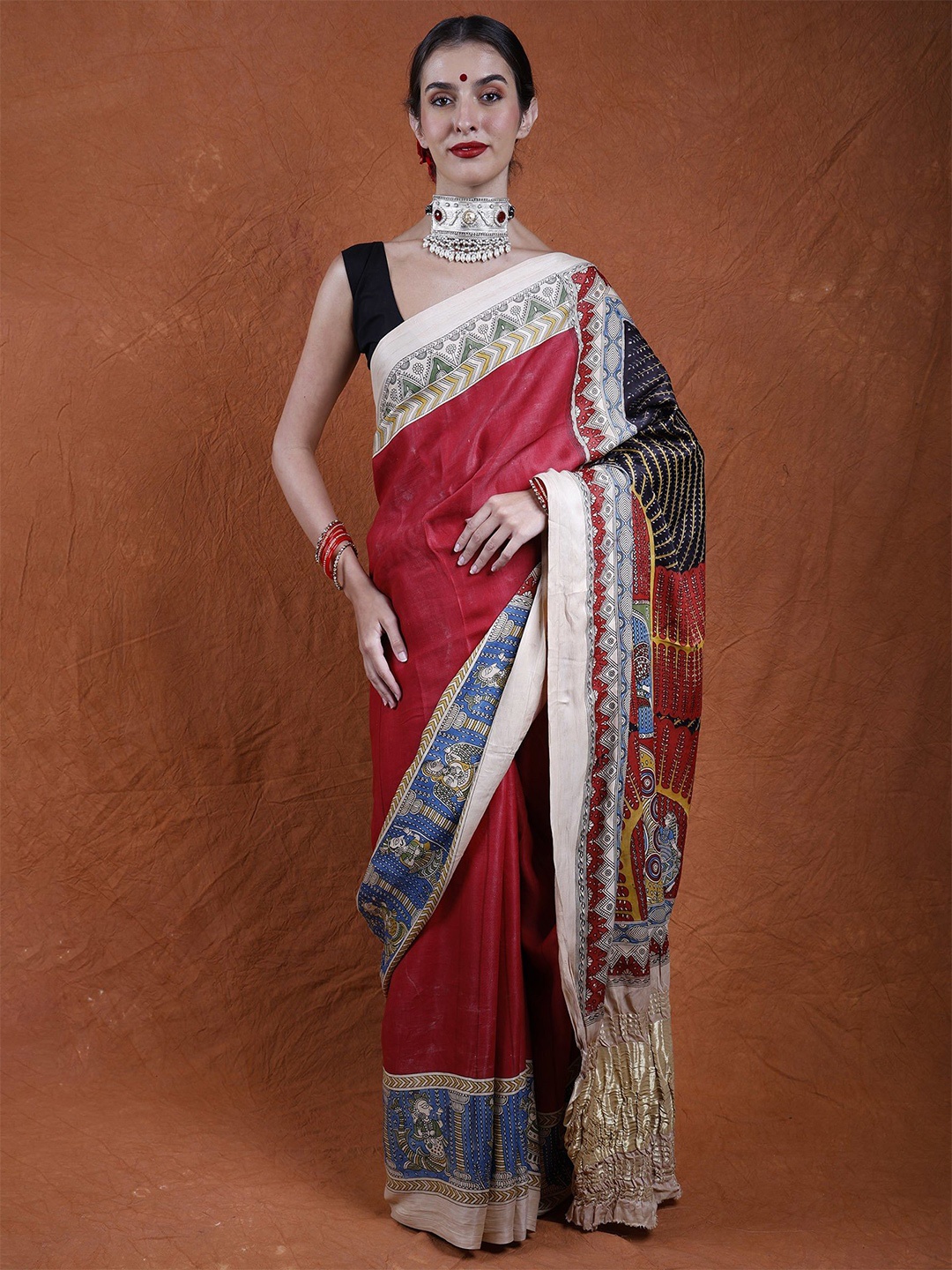 

Exotic India Kalamkari Pure Crepe Saree, Red